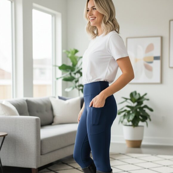 OS NEW Womens Navy Blue Pocket Leggings Buttery Soft Yoga Pants - Picture 8 of 16